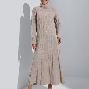 Beige Maxi Sweaterdress with Long Sleeves and Turtleneck